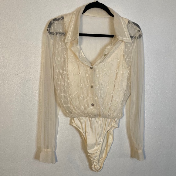 90s vintage Cristina sheer long sleeve button front collared body suit - Picture 1 of 7